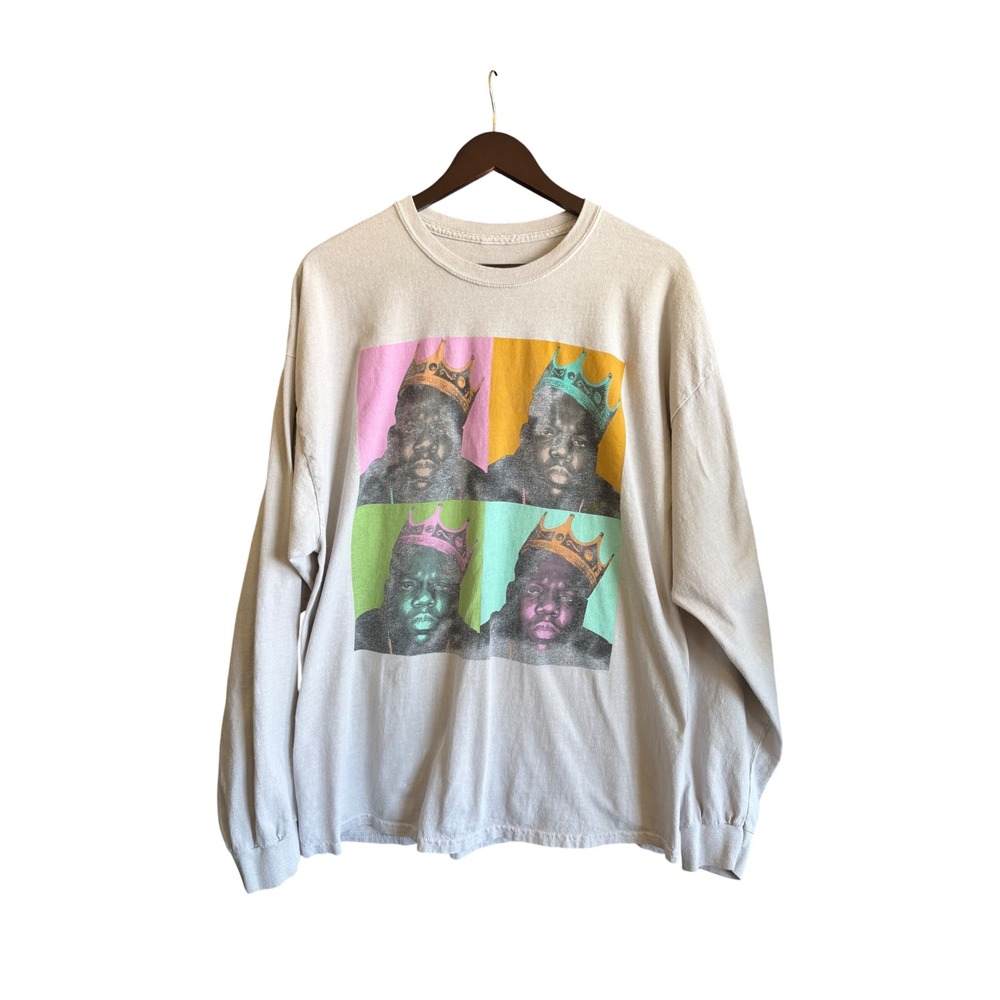 Notorious BIG Biggie Smalls Pop Art Crown Long Sleeve Shirt Cream 1X/2X